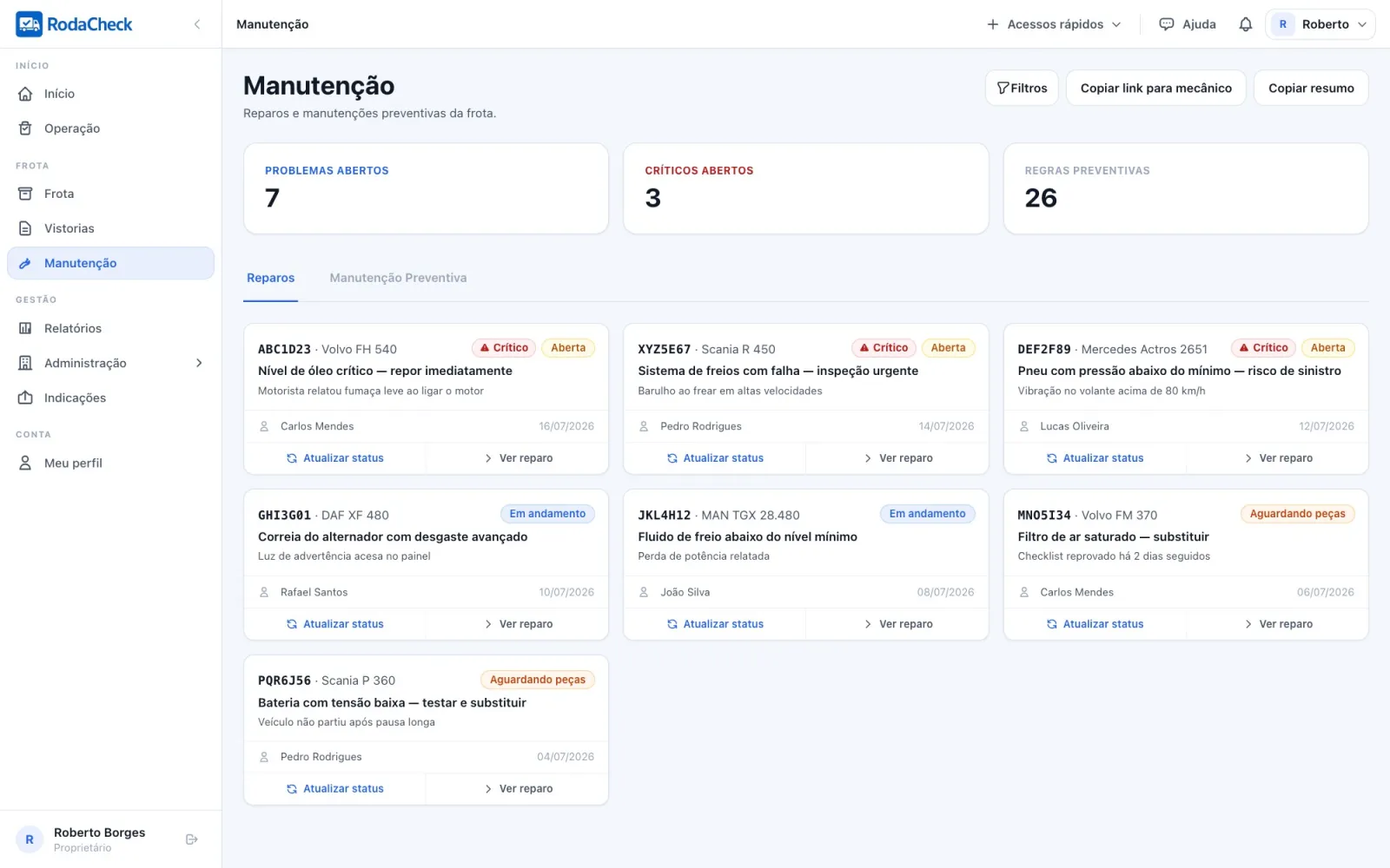 Tela de manutenção do RodaCheck com reparos críticos e resumo organizado para o mecânico
