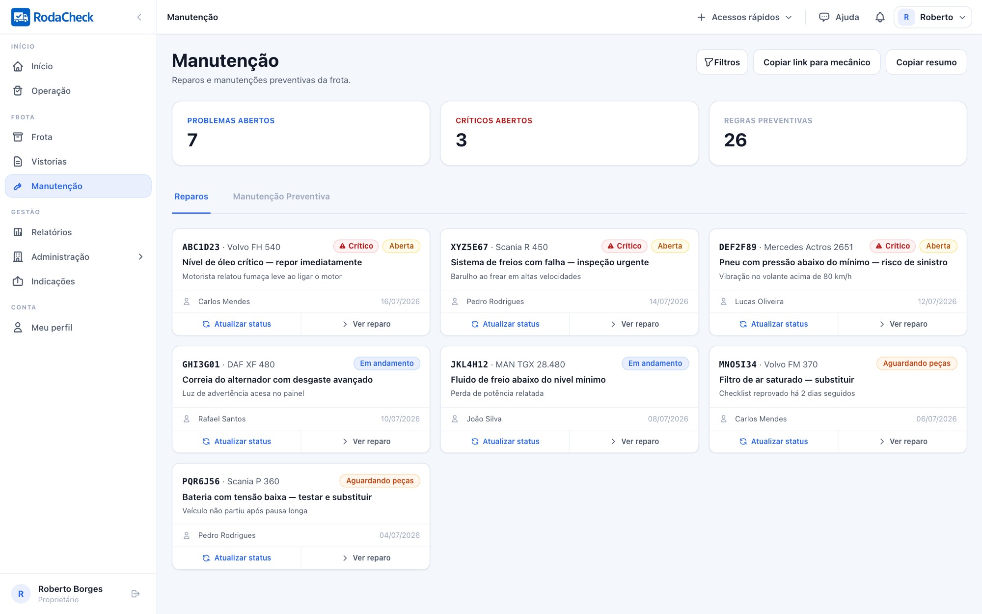 Tela de manutenção do RodaCheck com reparos críticos e resumo organizado para o mecânico